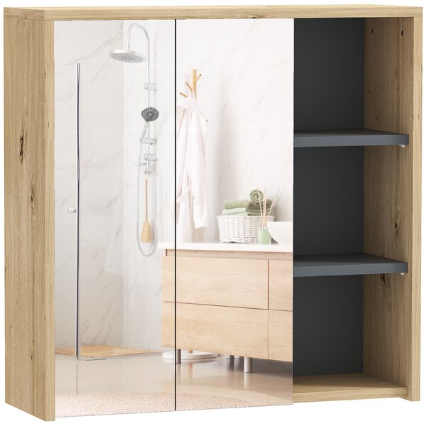 HOMCOM Specchio Bagno Contenitore con 2 Ante, 60x20x60 cm Mobile Bagno con Specchio, Scomparto Aperto, Naturale | Aosom Italy