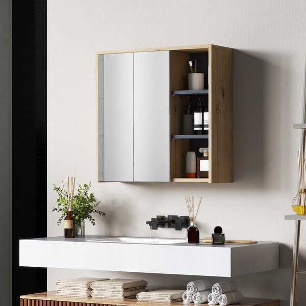 HOMCOM Specchio Bagno Contenitore con 2 Ante, 60x20x60 cm Mobile Bagno con Specchio, Scomparto Aperto, Naturale | Aosom Italy