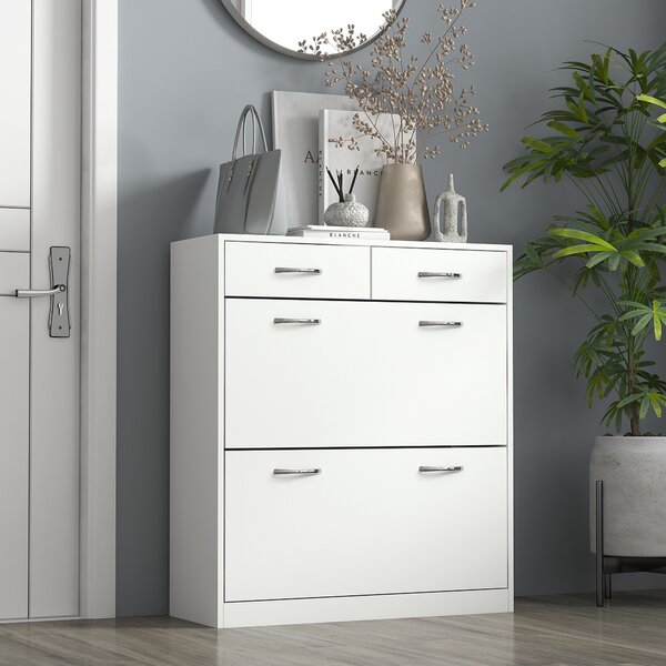 HOMCOM Mobile Scarpiera da 12 Paia con 2 Ripiani Interni Regolabili e 2 Cassetti, in Legno, 80x30x91.5 cm, Bianco | Aosom Italy