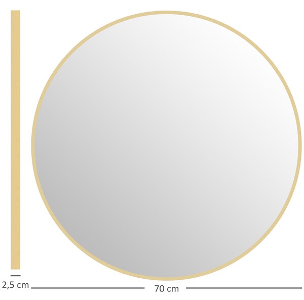 HOMCOM Specchio Rotondo da Bagno con Superficie Antiurto, in Vetro e Acciaio, Ø70x2.5 cm, color Oro | Aosom Italy