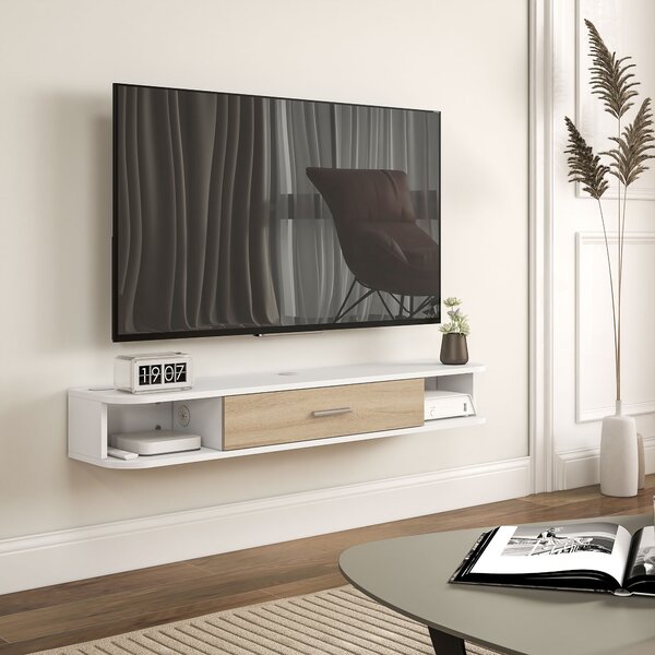 HOMCOM Mobile TV Sospeso in Legno con 2 Ripiani Aperti e Armadietto, 120x26x16 cm, Bianco e Rovere | Aosom Italy