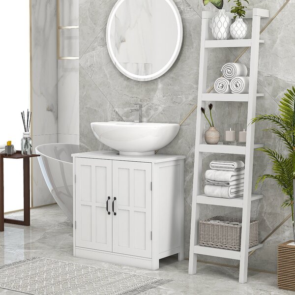 Kleankin Mobile per Lavabo con Piedistallo, Mobile Sotto Lavabo con 2 Ante e Scaffale Regolabile, Mobile da Bagno con Ritaglio a Forma di U, Bianco | Aosom Italy