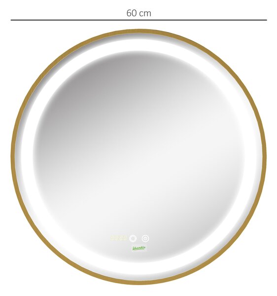 Kleankin Specchio Bagno con Luce LED, Luminosità Regolabile a 3 Tonalità e Funzione Memoria, Ø60 cm, Oro | Aosom Italy
