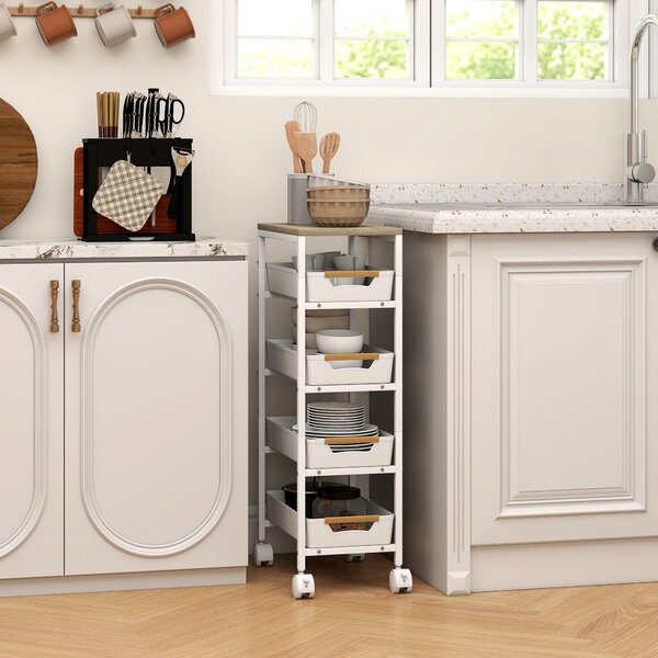 HOMCOM Carrello da Cucina a 5 Livelli con 4 Cesti Estraibili, in Metallo, PP e Legno, 39.5x24x82 cm, Bianco e Rovere | Aosom Italy