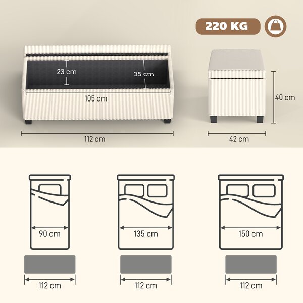 HOMCOM Panca Fondo Letto con Spazio Contenitore da 84L, in Tessuto Effetto Velluto a Coste e Acciaio, 112x42x40 cm, Beige | Aosom Italy