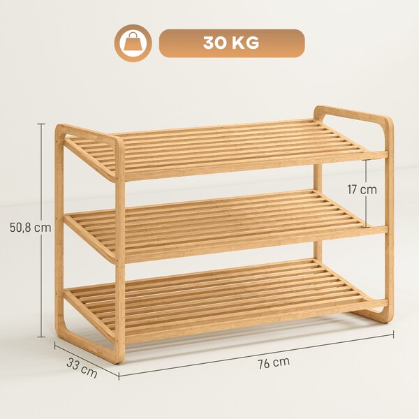 HOMCOM Scaffale Scarpiera a 3 Livelli per 12 Scarpe con Ripiani a Doghe in Bambù, 76x33x50.8 cm, Colore Legno | Aosom Italy
