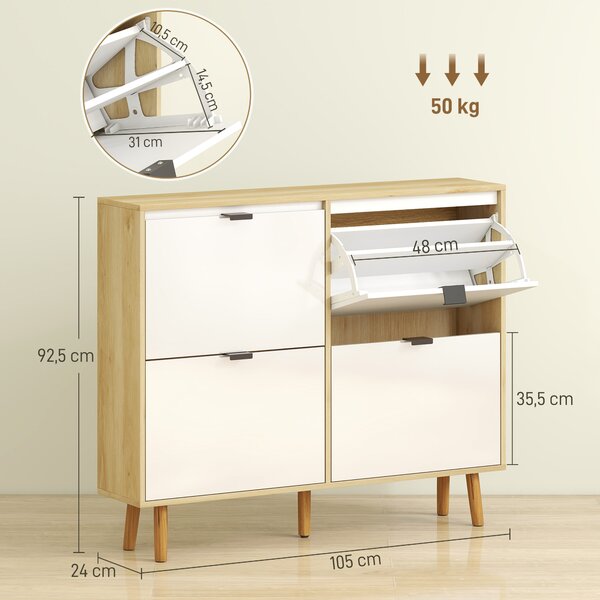 HOMCOM Scarpiera Slim Moderna con 4 Cassetti Ribaltabili per 20 Paia di Scarpe, 105x24x92.5 cm, Bianco | Aosom Italy