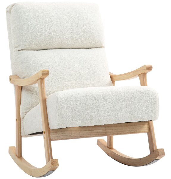 HOMCOM Sedia a Dondolo in Velluto Teddy Imbottita, Schienale Ergonomico, Gambe in Legno di Caucciù, Crema | Aosom Italy