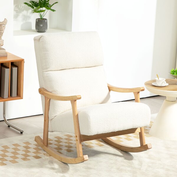 HOMCOM Sedia a Dondolo in Velluto Teddy Imbottita, Schienale Ergonomico, Gambe in Legno di Caucciù, Crema | Aosom Italy