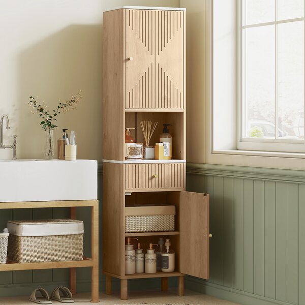 HOMCOM Colonna Bagno con Cassetto, 2 Armadietti e Ripiani Regolabili, Ripiano Effetto Marmo, 41.5x30x168 cm, Rovere | Aosom Italy