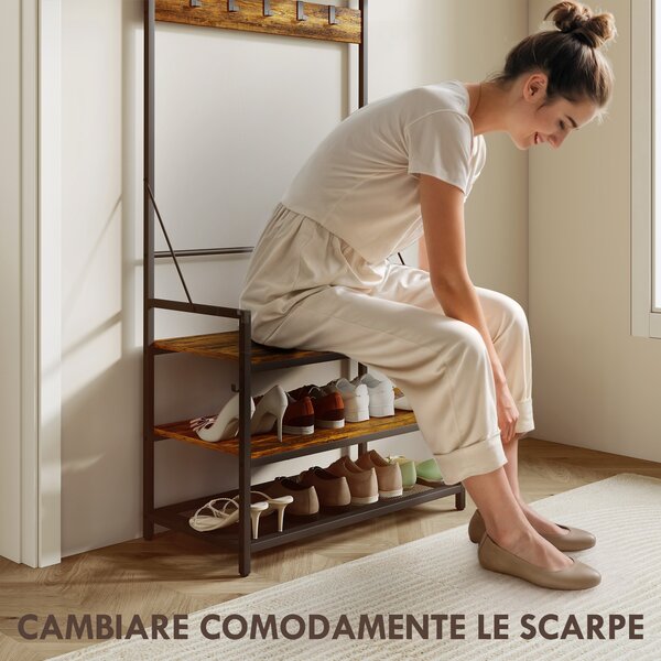 HOMCOM Appendiabiti da Ingresso con Asta, 10 Ganci, Panca e Scarpiera, in Legno e Metallo, 80x40x182 cm, Marrone e Nero | Aosom Italy