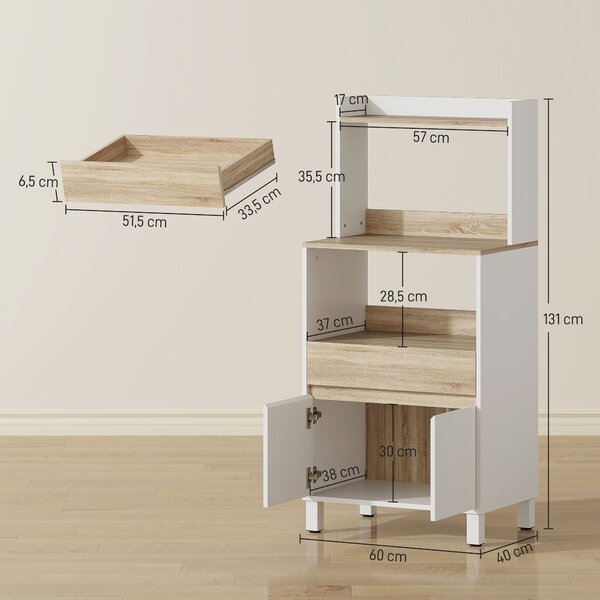 HOMCOM Mobiletto per Microonde in Legno con Mensola, Ripiano Aperto, Cassetto e Armadietto, 60x40x131 cm, Bianco | Aosom Italy