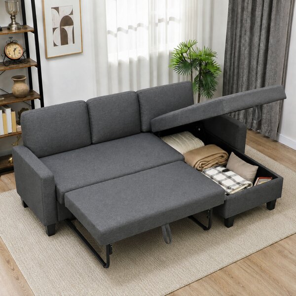 HOMCOM Divano Letto 3 Posti con Chaise e Spazio Contenitore, in Tessuto Effetto Lino, 197x129x85 cm, Grigio Carbone | Aosom Italy