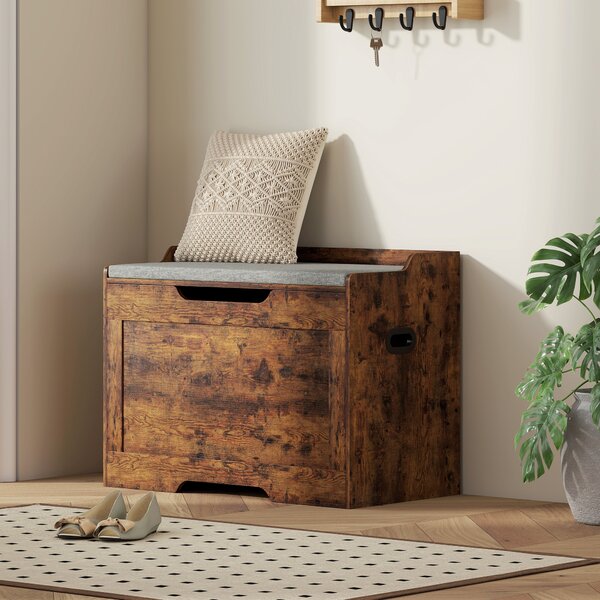 HOMCOM Panca Contenitore da 103L Multifunzione color Legno con Cuscino in Tessuto Grigio, 75x40x56 cm | Aosom Italy