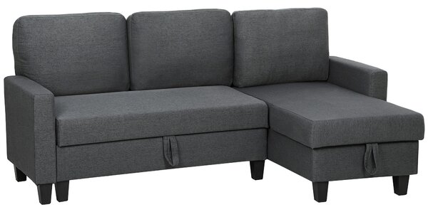 HOMCOM Divano Letto 3 Posti con Chaise e Spazio Contenitore, in Tessuto Effetto Lino, 197x129x85 cm, Grigio Carbone | Aosom Italy