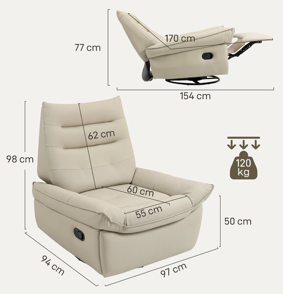 HOMCOM Poltrona Relax Reclinabile Manualmente con Poggiapiedi e Base Girevole Senza Braccioli, Crema | Aosom Italy