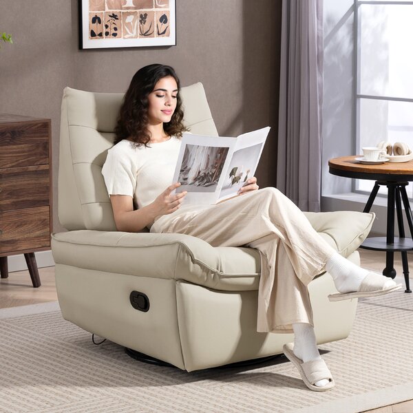 HOMCOM Poltrona Relax Reclinabile Manualmente con Poggiapiedi e Base Girevole Senza Braccioli, Crema | Aosom Italy