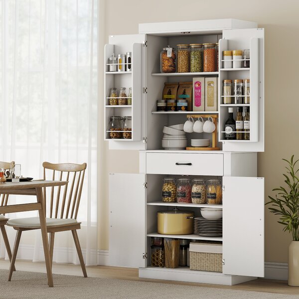 HOMCOM Dispensa Cucina in stile Country con 2 Armadietti, 6 Ripiani e Cassetto, in Legno, 76x39.5x183.5 cm, Bianco | Aosom Italy