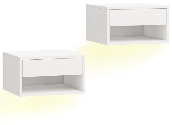 HOMCOM Set 2 Comodini Sospesi con LED RGB Integrati e Regolabili con APP, Cassetto e Ripiano, 37x32x21 cm, Bianco | Aosom Italy