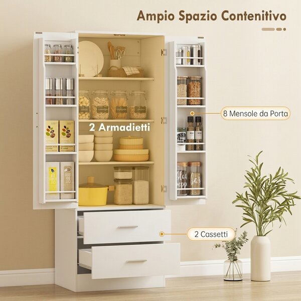 HOMCOM Credenza da Cucina con Armadietto con 8 Ripiani Portaspezie e 2 Cassetti, 60x40x159 cm, Bianco | Aosom Italy