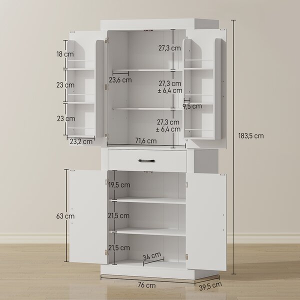 HOMCOM Dispensa Cucina in stile Country con 2 Armadietti, 6 Ripiani e Cassetto, in Legno, 76x39.5x183.5 cm, Bianco | Aosom Italy