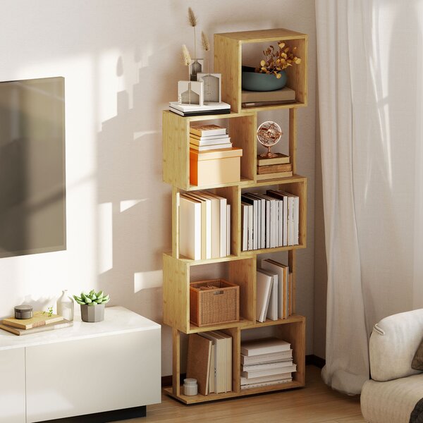 HOMCOM Libreria Moderna Asimmetrica a 5 Livelli in Bambù, 62.5 x 23 x 165 cm, Colore Legno Naturale | Aosom Italy