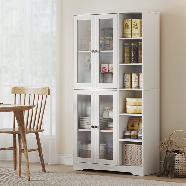 HOMCOM Credenza Cucina Alta, Mobile Dispensa con 4 Ante in Vetro Soft-Close, 6 Ripiani Aperti, Ripiani Regolabili Bianco | Aosom Italy