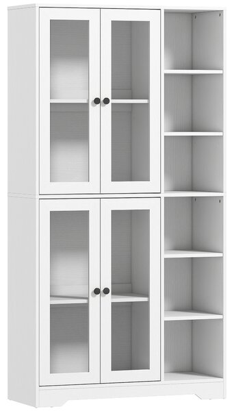 HOMCOM Credenza Cucina Alta, Mobile Dispensa con 4 Ante in Vetro Soft-Close, 6 Ripiani Aperti, Ripiani Regolabili Bianco | Aosom Italy