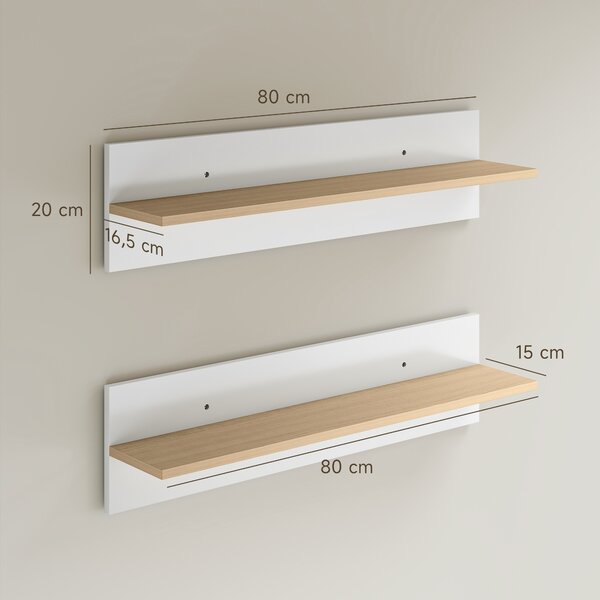 HOMCOM Set 2 Mensole da Parete per Casa e Ufficio in Legno, 80x16.5x20 cm, Bianco e color Legno | Aosom Italy