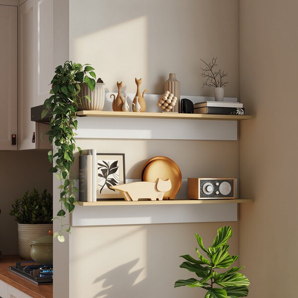 HOMCOM Set 2 Mensole da Parete per Casa e Ufficio in Legno, 80x16.5x20 cm, Bianco e color Legno | Aosom Italy