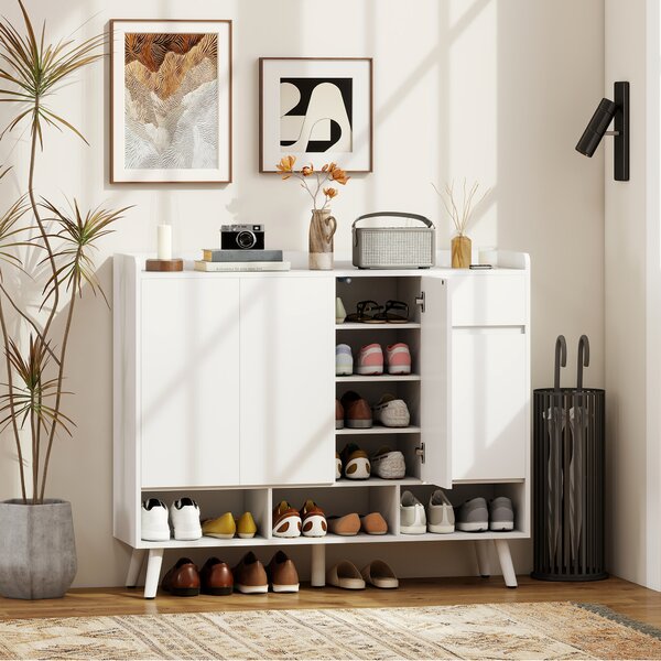 HOMCOM Scarpiera Ingresso in Legno con 4 Ante Design Push-to-Open, Ripiani Regolabili, Cassetto, 3 Vani Aperti, Bianco | Aosom Italy