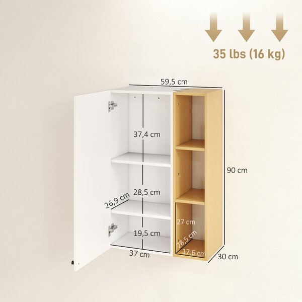 HOMCOM Armadietto Bagno a Parete con Ripiani Regolabili e 3 Mensole Aperte, 59.5x30x90 cm, Bianco e Legno | Aosom Italy