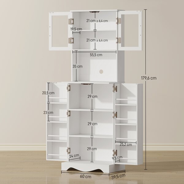 HOMCOM Mobile Dispensa Cucina con 2 Armadietti e 8 Ripiani, in Legno e Acrilico, 60x39.5x179.6 cm, Bianco | Aosom Italy