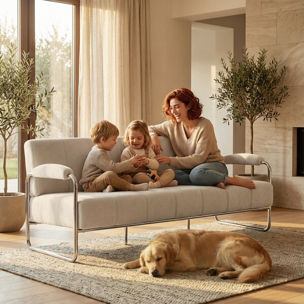 HOMCOM Divano 3 Posti Moderno Rivestito in Ciniglia Beige, in Acciaio, Spugna e Pannello Multistrato, 174x75x76 cm | Aosom Italy
