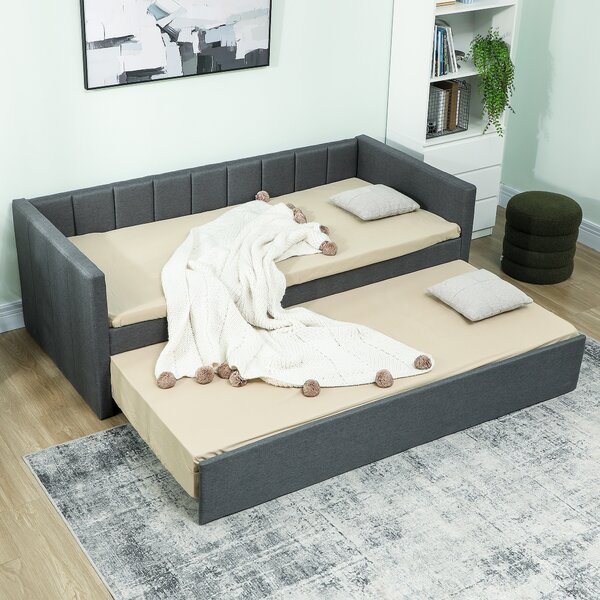 HOMCOM Letto Singolo con Secondo Letto Estraibile, Rivestimento in Tessuto e Braccioli, 205x181x70 cm, Grigio Scuro | Aosom Italy