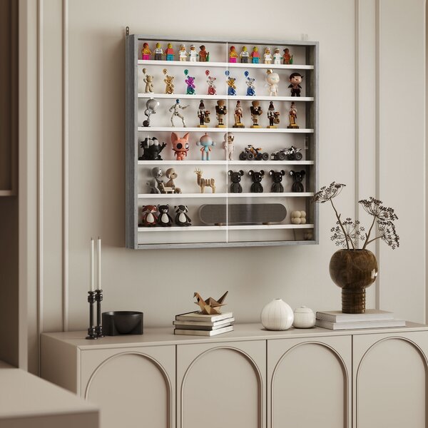 HOMCOM Bacheca Portaoggetti a 5 Ripiani Regolabili in Legno con Ante in Vetro, 80x9.5x83 cm, Bianco e Grigio | Aosom Italy