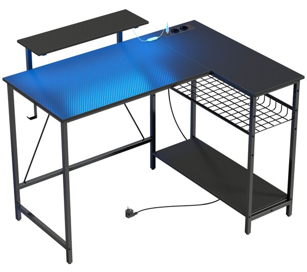 HOMCOM Scrivania Gaming Angolare con LED, Prese Elettriche, Supporto per Monitor e Scaffale, Nero | Aosom Italy