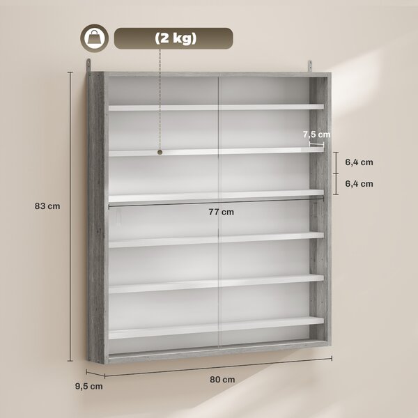 HOMCOM Bacheca Portaoggetti a 5 Ripiani Regolabili in Legno con Ante in Vetro, 80x9.5x83 cm, Bianco e Grigio | Aosom Italy