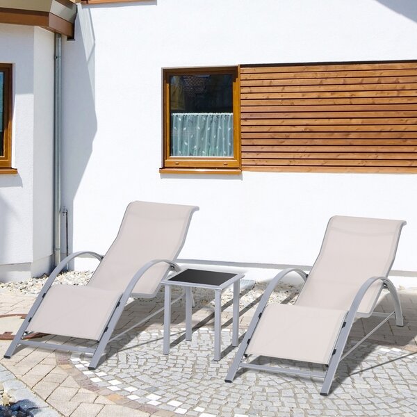 Outsunny Set 2 Sdraio da Giardino e Tavolino in Vetro, Lettino Prendisole con Tessuto Traspirante, 59x169x66cm, Crema | Aosom Italy