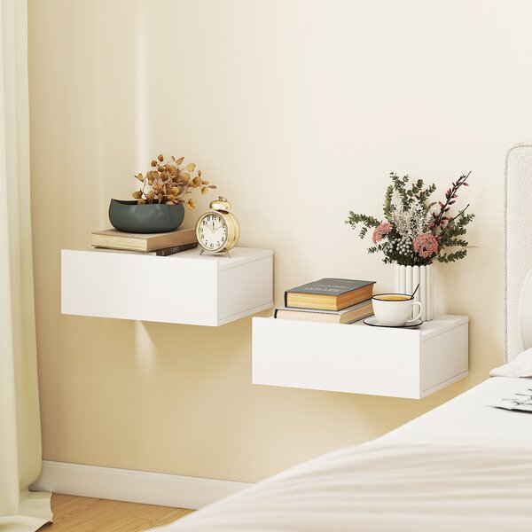 HOMCOM Set di 2 Comodini Sospesi Moderni con Cassetto in Legno, 40x30x15cm, Bianco | Aosom Italy