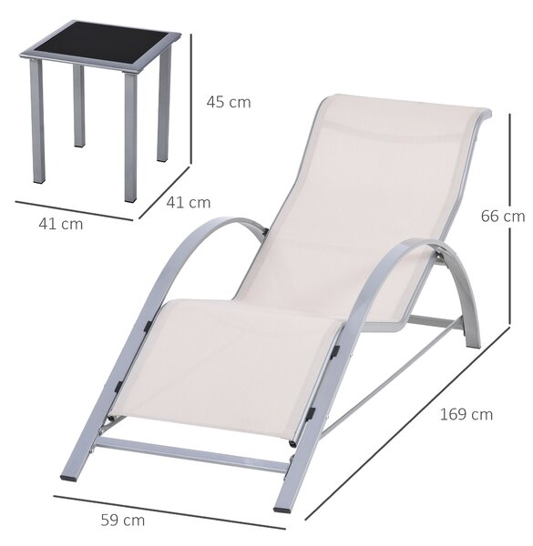 Outsunny Set 2 Sdraio da Giardino e Tavolino in Vetro, Lettino Prendisole con Tessuto Traspirante, 59x169x66cm, Crema | Aosom Italy