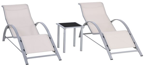 Outsunny Set 2 Sdraio da Giardino e Tavolino in Vetro, Lettino Prendisole con Tessuto Traspirante, 59x169x66cm, Crema | Aosom Italy