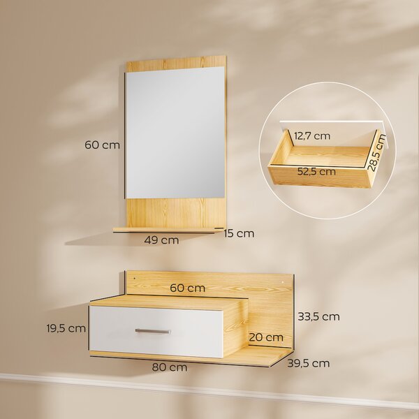 HOMCOM Set da Ingresso con Specchio con Mensola e Mobiletto a Parete con Cassetto e 2 Ripiani Aperti, in Legno e Vetro | Aosom Italy
