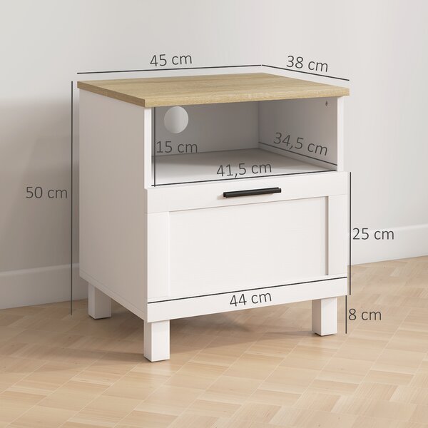 HOMCOM Comodino Moderno Minimal con Cassetto e Ripiano Aperto, in Legno, 45x38x50 cm, Bianco e color Legno | Aosom Italy