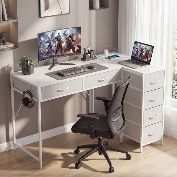 HOMCOM Scrivania Angolare a 6 Cassetti con Gancio Laterale e Prese Integrate, in Legno e Acciaio, 126x48x80 cm, Bianco | Aosom Italy