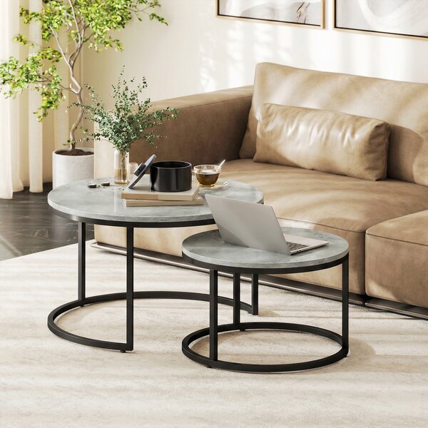 HOMCOM Set 2 Tavolini da Salotto Rotondi con Piano Effetto Marmo, in Legno e Metallo, Grigio Marmo | Aosom Italy