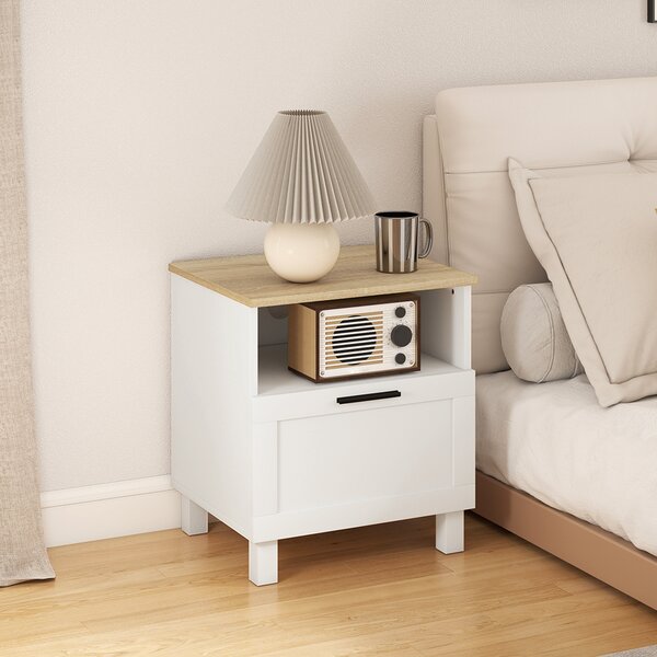 HOMCOM Comodino Moderno Minimal con Cassetto e Ripiano Aperto, in Legno, 45x38x50 cm, Bianco e color Legno | Aosom Italy