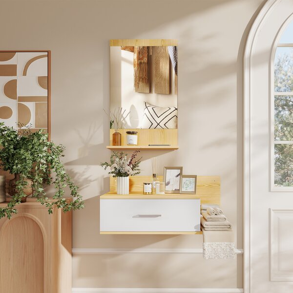 HOMCOM Set da Ingresso con Specchio con Mensola e Mobiletto a Parete con Cassetto e 2 Ripiani Aperti, in Legno e Vetro | Aosom Italy