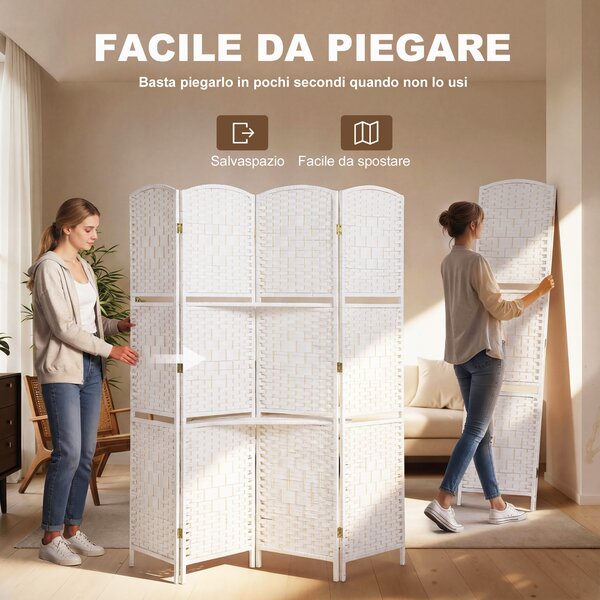 HOMCOM Paravento da Interno a 4 Pannelli Pieghevole con Mensole 160x170 cm, Bianco | Aosom Italy