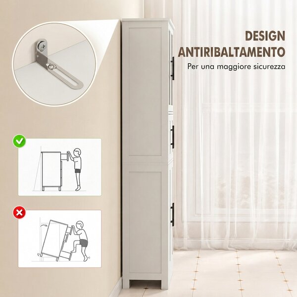 HOMCOM Mobile Bagno Alto Slim 170cm, a 6 Ripiani con Ante in Vetro, Ripiani Regolabili, per Salotto Soggiorno Cucina, Moderno, 60x30x170 cm, Bianco | Aosom Italy